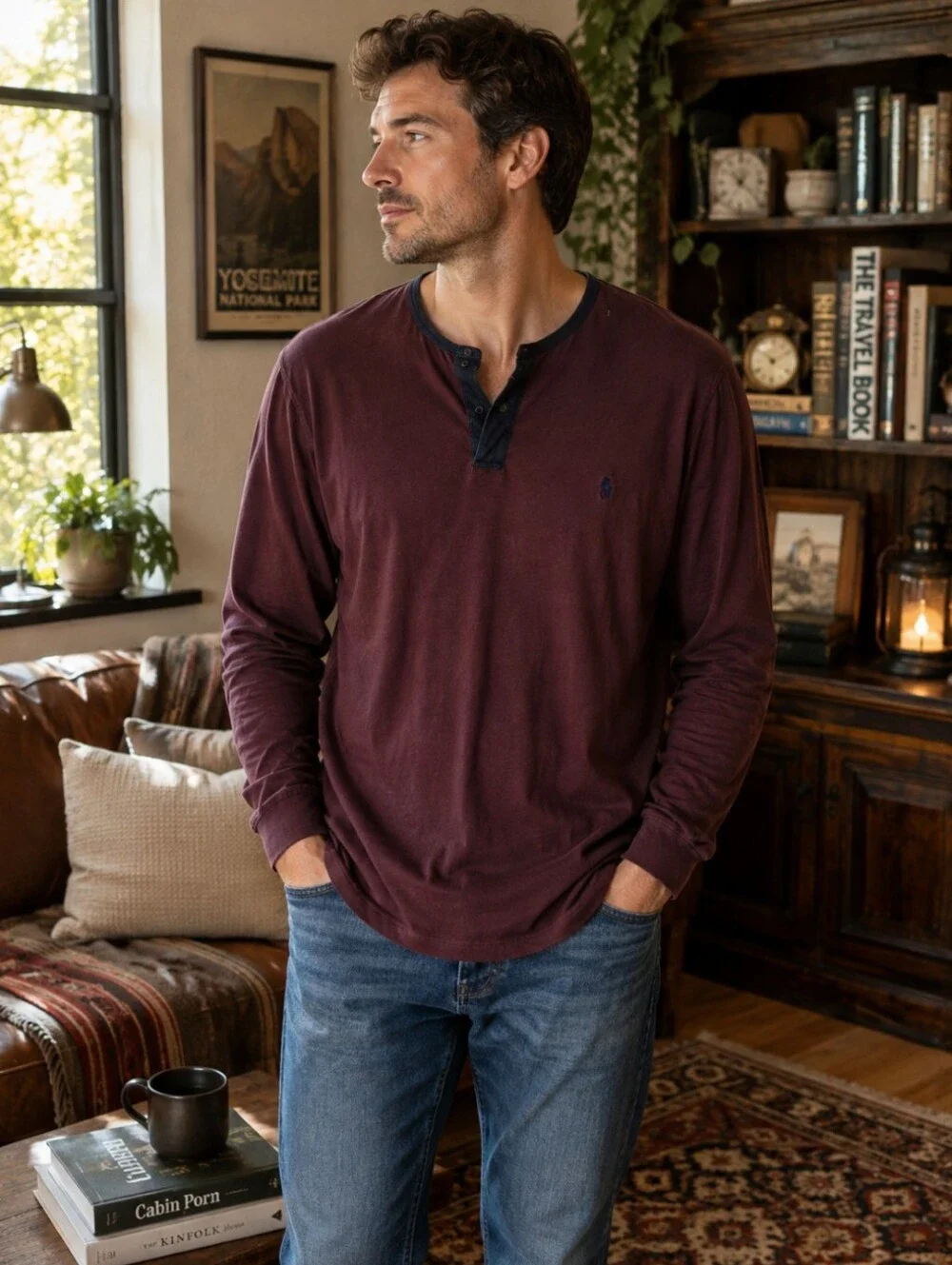 Polo Ralph Lauren Men’s XL Burgundy Long Sleeve Henley Shirt 100% Cotton